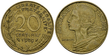 Франция 20 сантимов 1989 тип Marianne KM 930 медь алюминий никель 4135-636