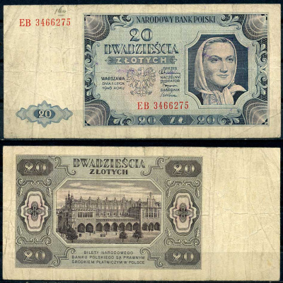 Польша 20 злотых 1948 женщина, торговые ряды в Кракове, 2 буквы в серии Pick 137 (2) бумага 8607-81-3-2