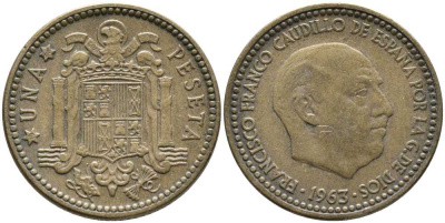 ИСПАНИЯ 1 ПЕСЕТА 1963 (66) ФРАНСИСКО ФРАНКО ДИКТАТОР ИСПАНИИ (1939-1975) KM 775 алюминиевая бронза 110-1136