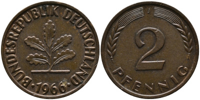 ФРГ 2 пфеннига 1966 J KM 106, J.381 бронза 33-227