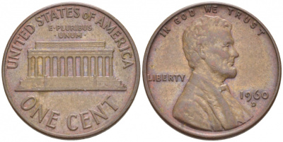 США 1 цент 1960 D, Линкольн, LARGE DATE KM 201 медь цинк 3309-224