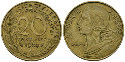 Франция 20 сантимов 1989 тип Marianne KM 930 медь алюминий никель 4135-636