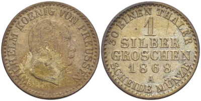 Пруссия 1 серебряный грош 1868 А, Вильгельм I (1861-1888) KM 485, Olding 415, AKS 103, J.89 серебро 206-255