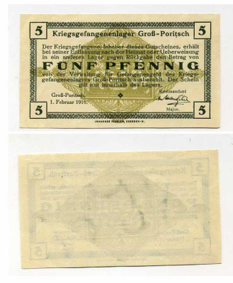 ГЕРМАНИЯ 5 ПФЕННИГОВ ND GROSS-PORITSCH, ЛАГЕРЬ ВОЕННОПЛЕННЫХ C-3045 бумага UNC (пресс) 504-22-2-1