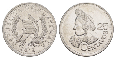 Гватемала 25 сентаво 2012 KM 294 сталь плакированная никелем UNC 4642-826