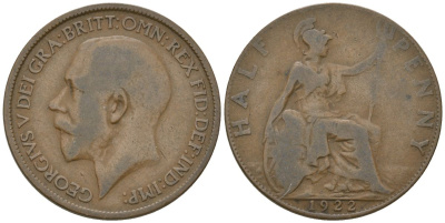 Великобритания 1/2 пенни 1922 Георг V (1910-1936) KM 809, Spink 4056 бронза 4163-942