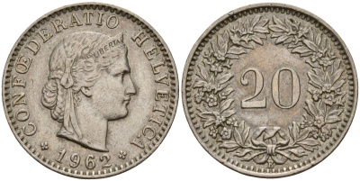 Швейцария 20 раппенов 1962 B KM 29a медно-никель 4187-552