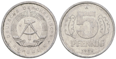 ГДР 5 пфеннигов 1988 A КМ 9.2 алюминий 3458-1249
