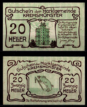 Австрия, Кремсмюнстер 20 геллеров 1920 Jaksc/Pick JPR0476Ia-20 бумага UNC (пресс) 2193-9-2-2