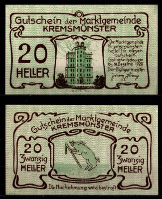 Австрия, Кремсмюнстер 20 геллеров 1920 Jaksc/Pick JPR0476Ia-20 бумага UNC (пресс) 2193-9-2-2