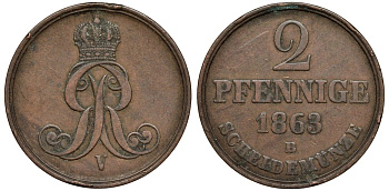 Брауншвейг-Каленберг-Ганновер 2 пфеннига 1863 B, Георг V (1851-1866) KM 234,aKS 153, J. 91 медь 4142-255