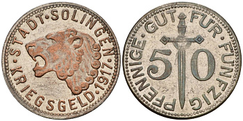 ЗОЛИНГЕН 50 пфеннигов 1917 нотгельд, КРИГСГЕЛЬД Funh 508.3a железо 4556-111
