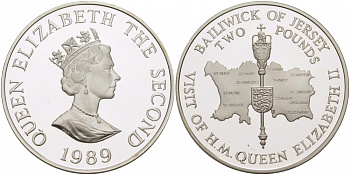 Джерси 2 фунта 1989 королевский визит, королевский жезл на карте KM 76a серебро PROOF 00-00-00