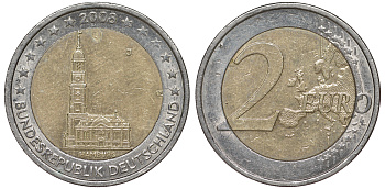ФРГ 2 евро 2008 J, серия федеральные земли, церковь Св. Михаила в Гамбурге KM 261 биметалл 45-1022
