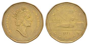 Канада 1 доллар 1991 Елизавета II (1952-2022), утка KM 186 никель плакированный позолоченной бронзой 4631-753