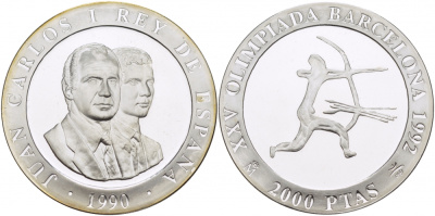 Испания 2000 песет 1990 XXV летние Олимпийские игры 1992 года в Барселоне, стрельба из лука KM 861 серебро PROOF 11-093-14