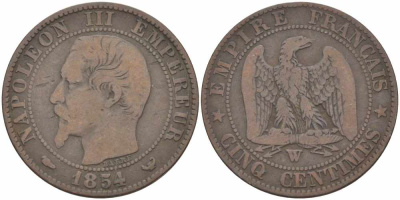 ФРАНЦИЯ 5 САНТИМОВ 1854 W, НАПОЛЕОН III (1852-1870) KM 777.7, LE FRANC 116.15 бронза 108-312