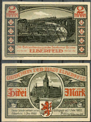 Германия, Эльберфельд 2 марки 1922 нотгельд, городские виды, серая Mehl 324.1 бумага UNC (пресс) 00-00