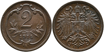 АВСТРИЯ 2 ГЕЛЛЕРА 1914 ФРАНЦ ИОСИФ (1846-1918) KM 2801 бронза 4387-1152