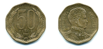 Чили 50 песо 2007 Бернардо О’Хиггинс KM 219.2 алюминиевая бронза 35-527