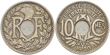 ФРАНЦИЯ 10 САНТИМОВ 1920 ТИП ЛИНДАЙЁ KM 866а, LE FRANC 138.4 медно-никель 4551-623