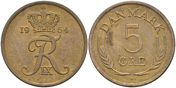 ДАНИЯ 5 ЭРЕ 1964 C; S, ФРЕДЕРИК IX (1947-1972) KM 848.1 бронза 106-112