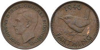 Великобритания 1 фартинг 1946 Георг VI (1936-1952) KM 843, Spink 4116 бронза 4596-967