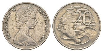 Австралия 20 центов 1966 Елизавета II (1952-2022), утконос KM 66 медно-никель 4384-717
