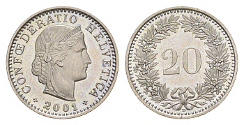 Швейцария 20 раппенов 2001 B KM 29a медно-никель UNC 4623-557