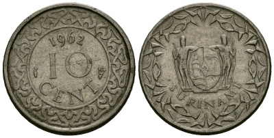 Суринам 10 центов 1962 KM 13 медно-никель 4136-741