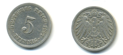 ГЕРМАНИЯ 5 ПФЕННИГОВ 1907 A, KM 11, J. 12 медно-никель 4379-534