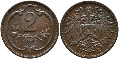 АВСТРИЯ 2 ГЕЛЛЕРА 1914 ФРАНЦ ИОСИФ (1846-1918) KM 2801 бронза 4387-1152