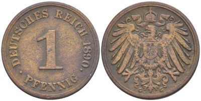 ГЕРМАНИЯ 1 ПФЕННИГ 1890 G KM 10, Jager. 10, Weege 2 медь 4528-1119