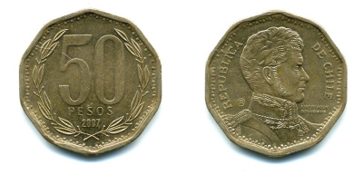 Чили 50 песо 2007 Бернардо О’Хиггинс KM 219.2 алюминиевая бронза 35-527