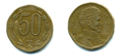 Чили 50 песо 1999 Бернардо О’Хиггинс KM 219.2 алюминиевая бронза 36-851