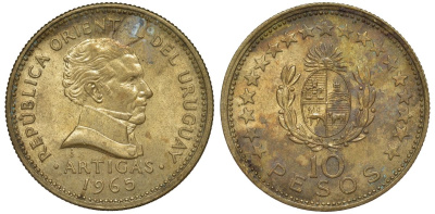 Уругвай 10 песо 1965 KM 48 алюминиевая бронза 88-415