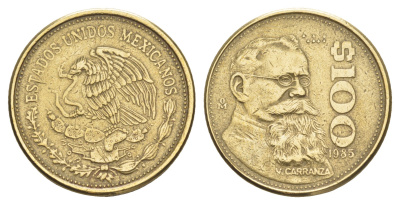 Мексика 100 песо 1985 Мо, Венустиано Карранса де ла Гарса, плоский верх 5 KM 493 алюминиевая бронза 4637-753