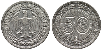 Германия 50 рейхспфеннигов 1928 D KM 49, J. 324 никель 4121-815