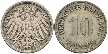 Германия 10 пфеннигов 1900 D KM 12, J. 13 медно-никель 4575-556