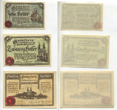 АВСТРИЯ НАБОР ИЗ 3 БАНКНОТ 1920 1 ЯНВАРЯ 1920-30 ИЮНЯ 1920, НОТГЕЛЬД, 10, 20, 50 ГЕЛЛЕРОВ, MARILANSENDORF бумага aUNC 7204-25-3