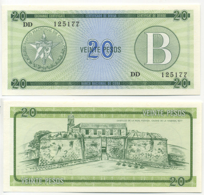 Куба, валютный сертификат 20 песо ND (1985) серия B, зеленая Pick FX 9 бумага UNC (пресс) 448-17-2