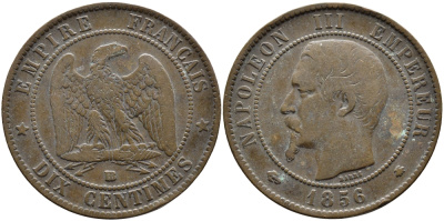 Франция 10 сантимов 1856 BB, Наполеон III (1852-1870) KM 771.3, Le Franc 133.34 бронза 4389-1022
