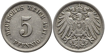 Германия 5 пфеннигов 1911 F KM 11, Jager 12, Weege 6 медно-никель 4547-524