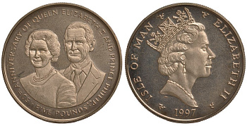 Остров Мэн 5 фунтов 1997 АА, Елизавета и Филипп, золотая свадьба KM 769 вирениум UNC 1078-5-34
