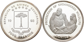 Экваториальная Гвинея 7000 франков 1993 серия защитим наш мир, две гориллы KM 122 серебро PROOF 00-000-00