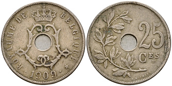 Бельгия 25 сантимов 1909 Belgique KM 62 медно-никель 25-421