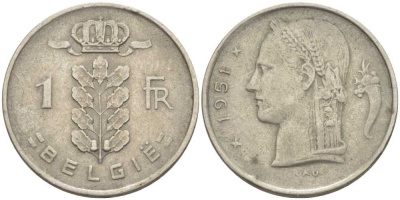 БЕЛЬГИЯ 1 ФРАНК 1951 BELGIE, БОДУЭН I (1951-1993) KM 143.1 медно-никель 119-537