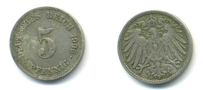 Германия 5 пфеннигов 1906 J KM 11, Jager 12, Weege 6 медно-никель 4379-531