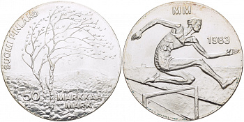 Финляндия 50 марок 1983 K-T, чемпионат мира по атлетике, бег с препятствиями KM 61 серебро UNC 1515-1234
