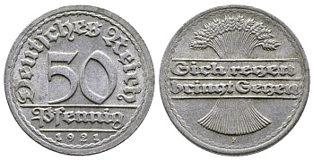 ГЕРМАНИЯ 50 ПФЕННИГОВ 1921 F KM 27, J. 301 алюминий 4380-847